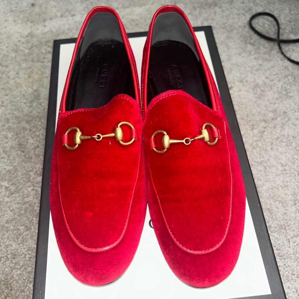 Gucci Red Velvet Loafers with Gold Detail